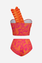 Fırfır Detaylı Turuncu Desenli Bikini