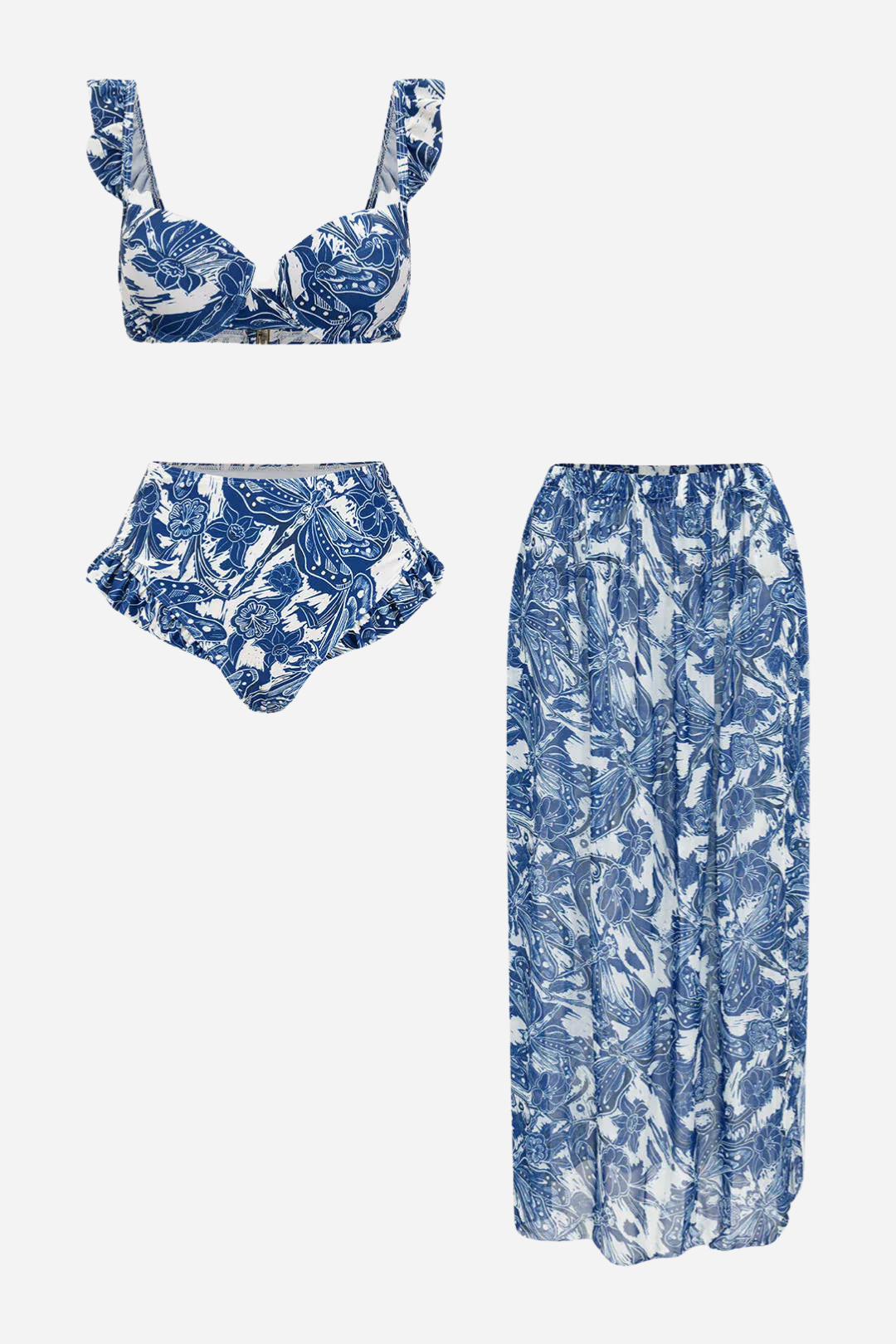 Mavi Çiçek Desenli Pareo Set