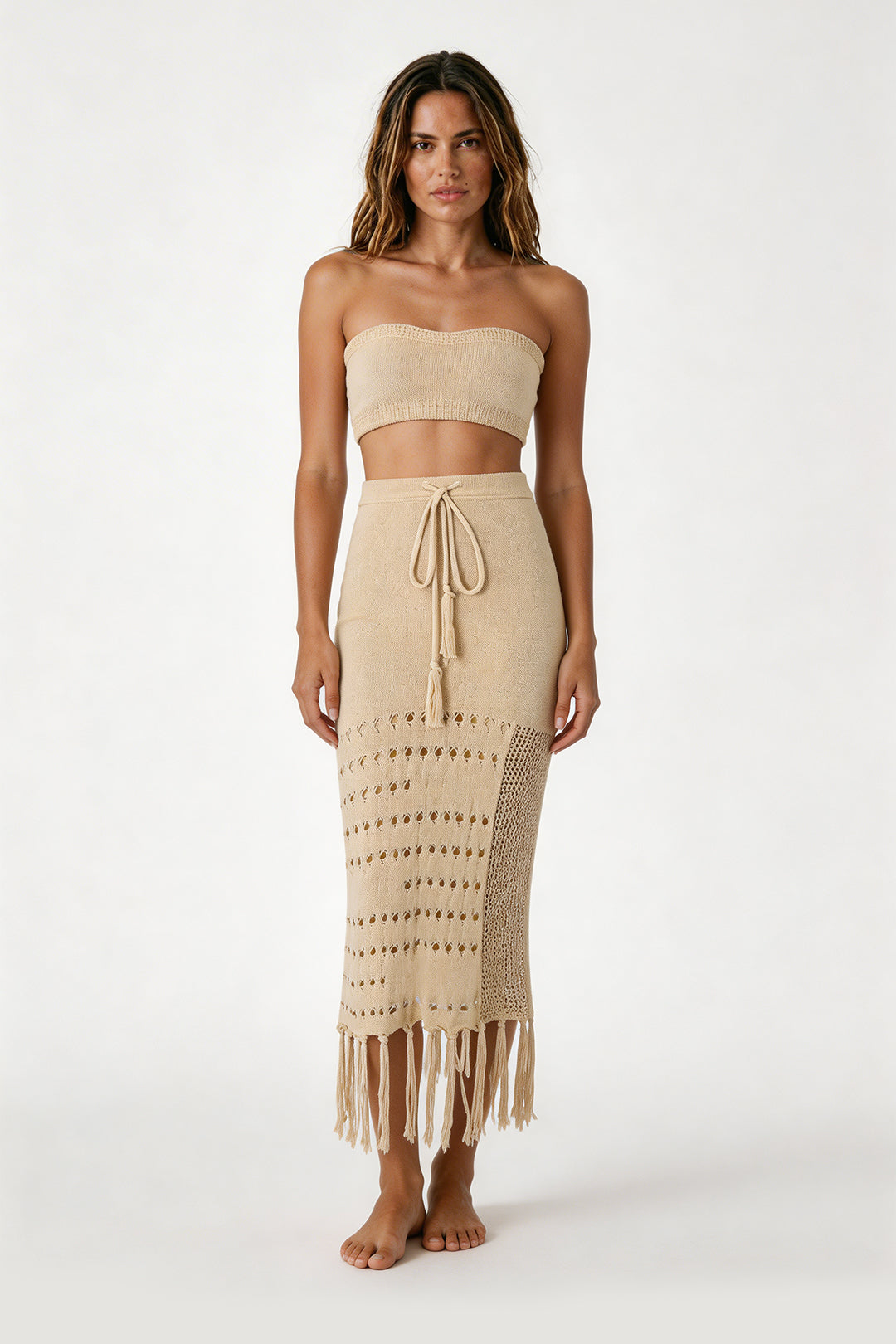 Bej Örgü Etekli Plaj Seti