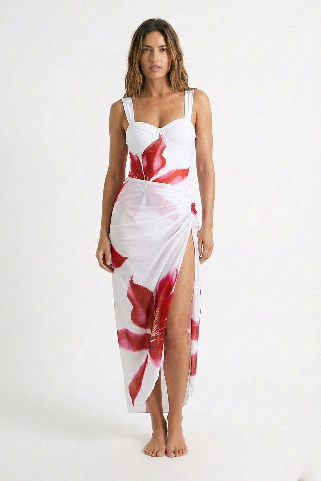 Kırmızı Çiçek Desenli Pareo Set